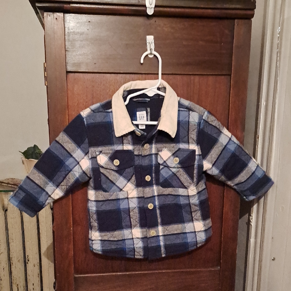 Baby Gap Boys 18-24 Months Blue And White Plaid Quilted Corduroy Collar Shacket